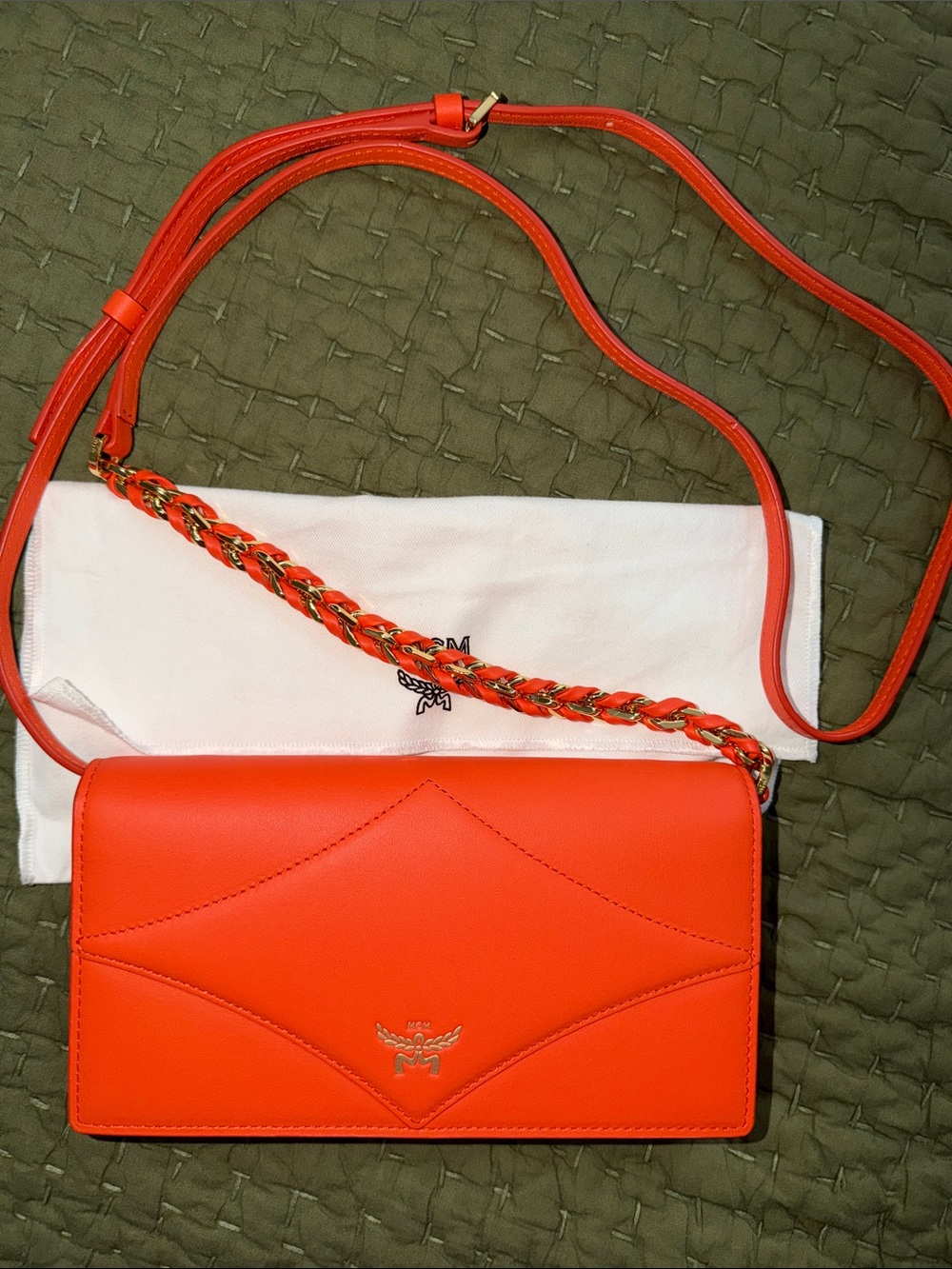 MCM Orange Crossbody Wallet with detachable chain Bright Orange Color NWOT